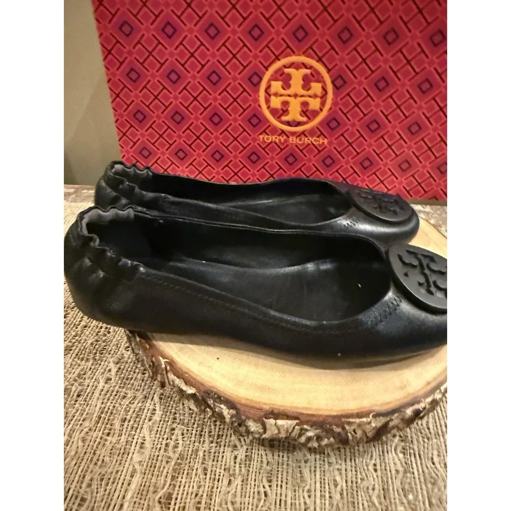 Tory Burch Minnie Travel Matte Black Leather Round Toe Ballet Flats Size 6.5